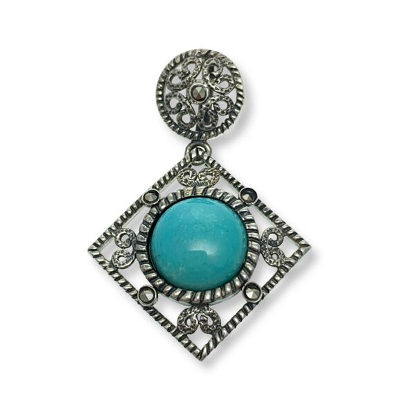 Vintage RC Sterling Silver 925 Ornate Blue Persian Turquoise Marcasite Pendant - Picture 1 of 4